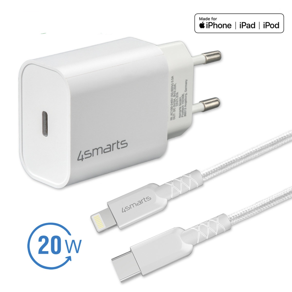 4S DUAL snellader 20W WIT met Lighting kabel 1,5m